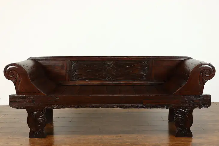 Asian Hand Carved Vintage Mahogany Sofa Settee, Java Dutch West Indies  #39425