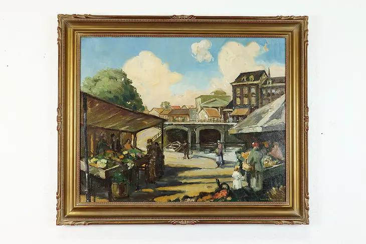 English Street Market & Bridge Original Antique Oil Painting, Keith 35.5" #39428