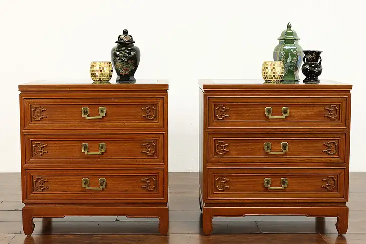 Pair of Vintage Chinese Nightstands or End Tables with Marble Tops #39434