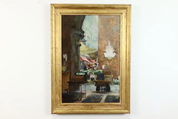 Market From Under the Arches Original Vintage Oil Painting, 37" #39489