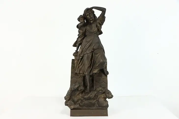 Mother & Baby Statue Escaping Fire, Victorian Antique Sculpture #39174