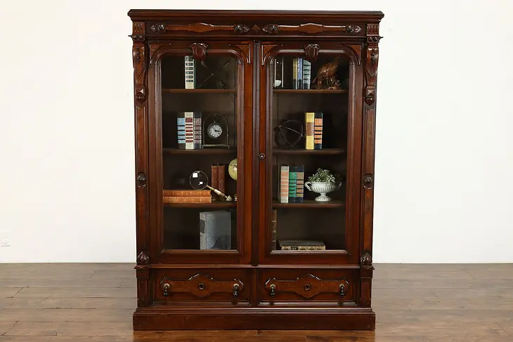 Victorian Eastlake Antique Walnut & Burl Office or Library Bookcase #39191