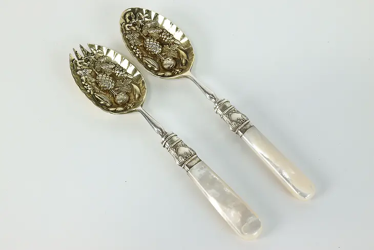 Pair of Silverplate Antique Pearl Handle Berry Serving Spoons Gold Wash #39821