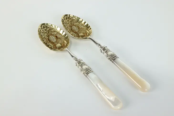 Pair of Silverplate Antique Pearl Handle Berry Serving Spoons Gold Wash #39822