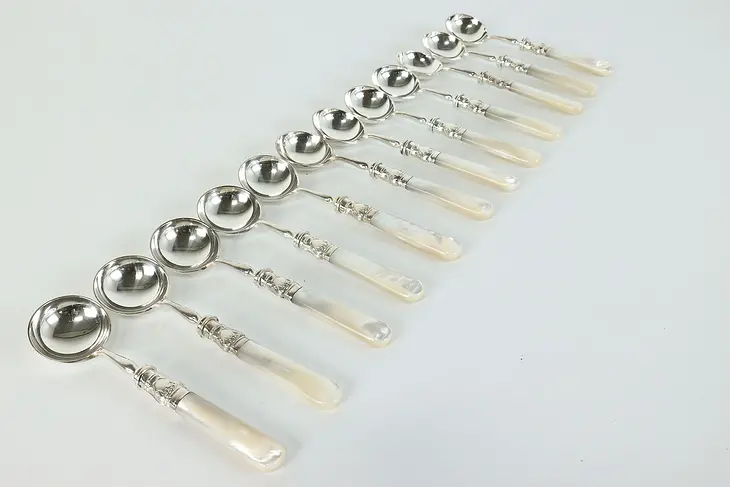 Set of 12 Silverplate Pearl Handle Round Cream Soup Spoons #39825