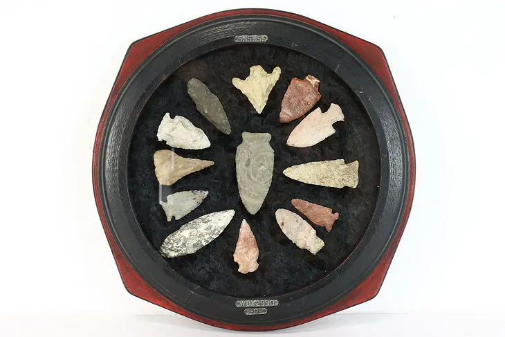 Set of 13 Antique Stone Native American Points or Arrowheads, Shadowbox #39301