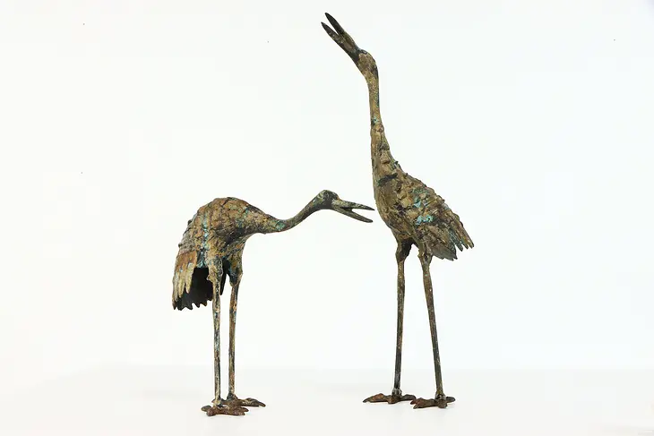 Pair of Vintage Verdigris Finish Cast Iron Heron Sculptures #39356