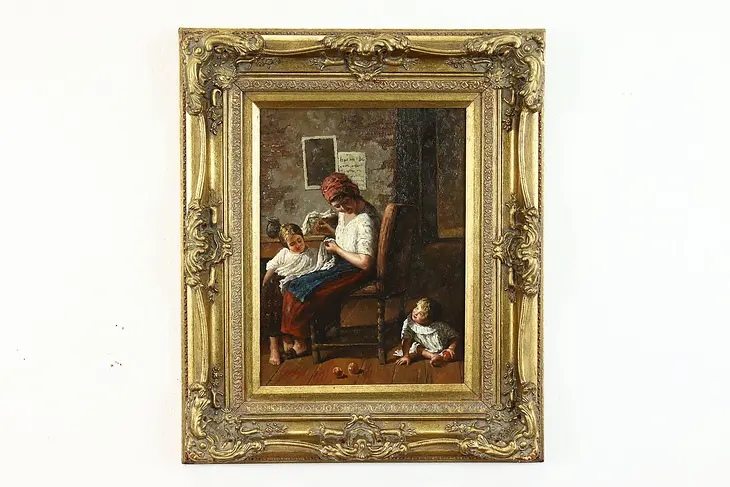 Mother and Children Vintage Original Oil Painting, Benaglio 24.5" #39381