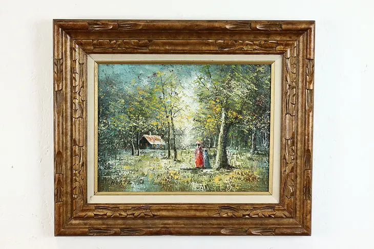 Forest with Women & Cottage Vintage Original Oil Painting, Hertz 23.5" #39383