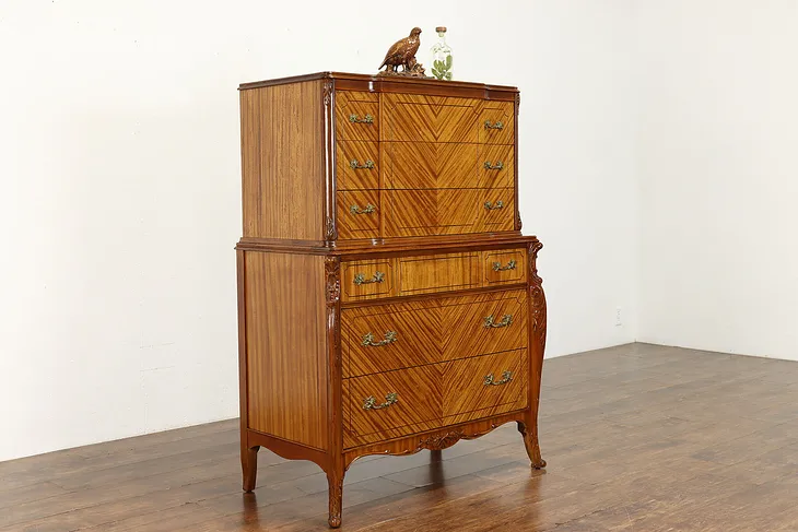 French Style Vintage Satinwood Highboy Dresser or Chest, Joerns Bros #39389