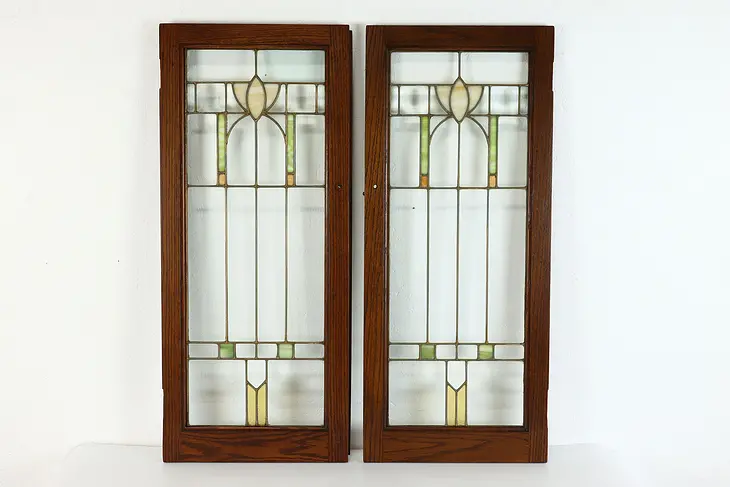 Pair Craftsman Antique Architectural Salvage Leaded Stained Glass Windows #39606