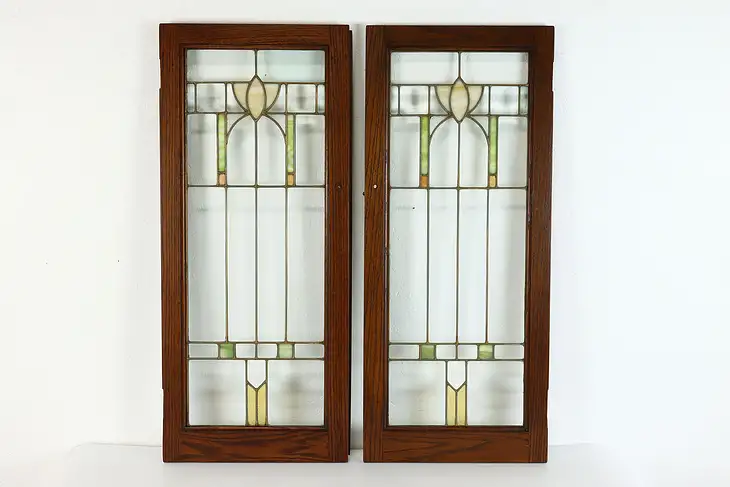 Pair Craftsman Antique Architectural Salvage Leaded Stained Glass Windows #39606