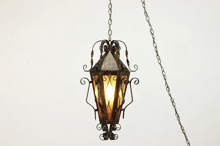 Spanish Colonial Light Vintage Wrought Iron Hanging Lantern Stained Glass #39641