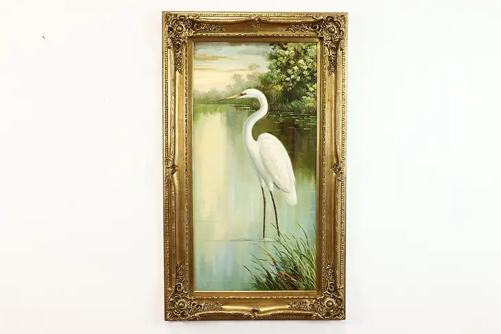 Monumental Egret Bird in Lake Original Vintage Oil Painting, Cowan 59" #39682