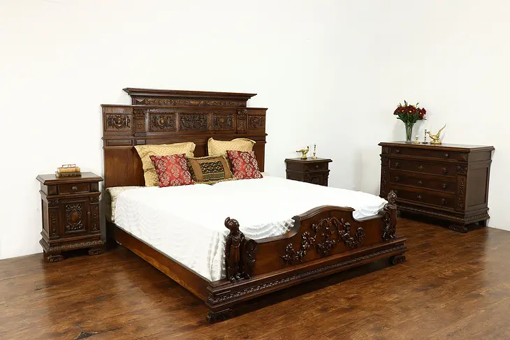 Italian Renaissance Antique Bedroom Set, King Bed, Dresser & Nightstands #39683
