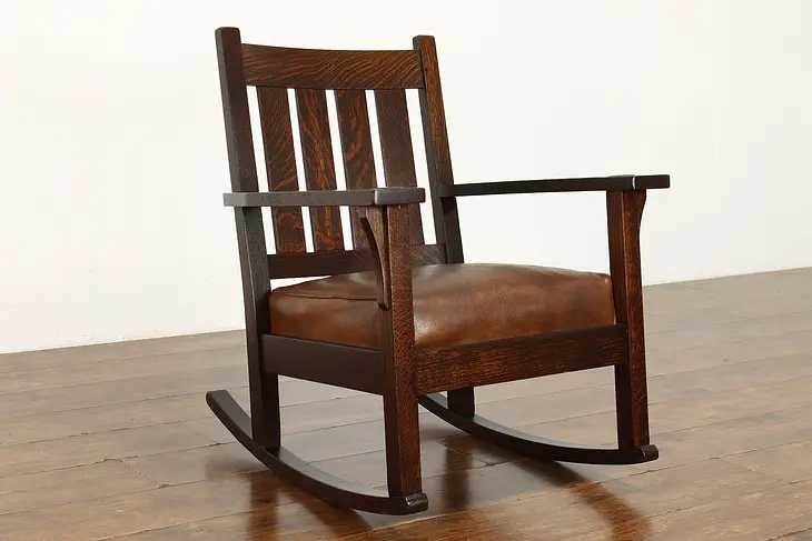 Arts & Crafts Mission Oak Antique Rocker Craftsman Rocking Chair, Leather #39691
