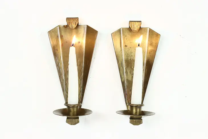 Pair of Arts & Crafts Mission Antique Brass Candle Wall Sconces, Roycroft #39695