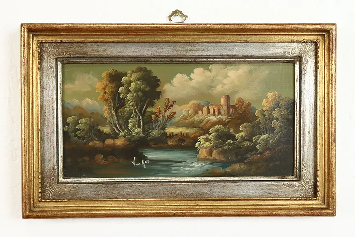 Dutch Countryside Landscape Original Vintage Oil Painting Van Ros 12.5" #39718
