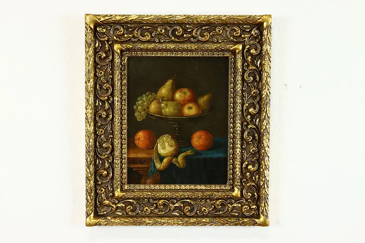 Fruit Basket Still Life Original Antique Oil Painting 15.5" #39722