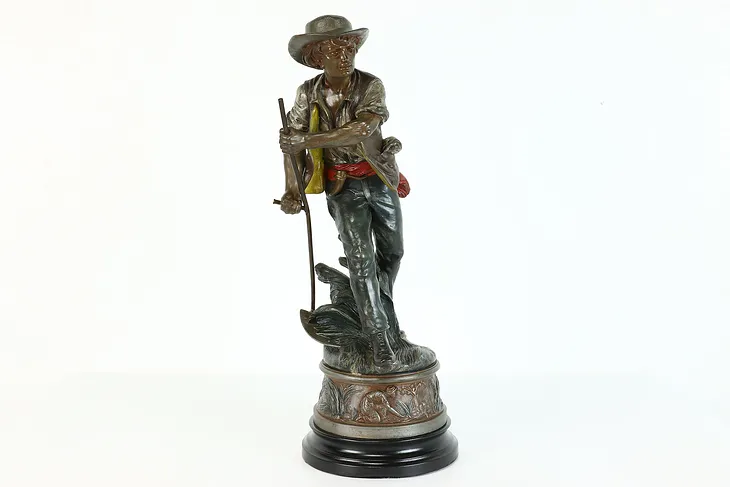 Victorian Antique Spelter Statue of Farmer Reaping Wheat, Figures on Base #39792