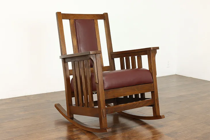 Arts & Crafts Mission Oak Vintage Craftsman Leather Rocking Chair, Moore #39700