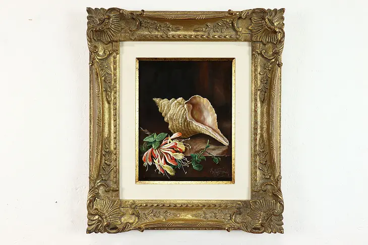 Conch Seashell & Flowers Original Vintage Oil Painting, Frumin 24.5" #39708