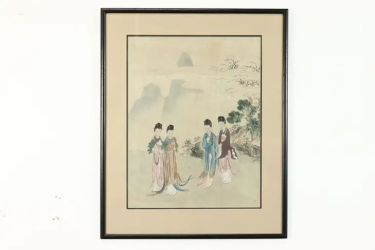 Japanese Women & Mountains Antique Original Watercolor Painting, 23" #39721