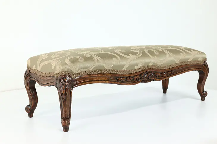 Country French Vintage Carved Fruitwood Footstool Kneeler, New Upholstery #39779