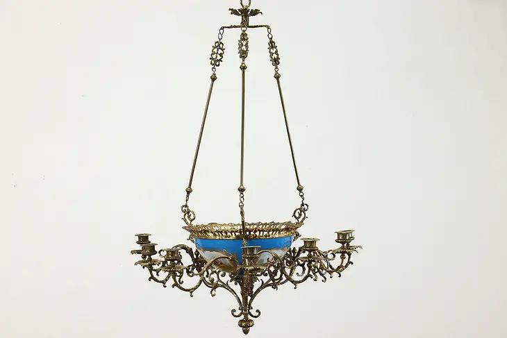 French Antique 1850 Brass 9 Candle Chandelier with Sevres Blue Bowl #39098