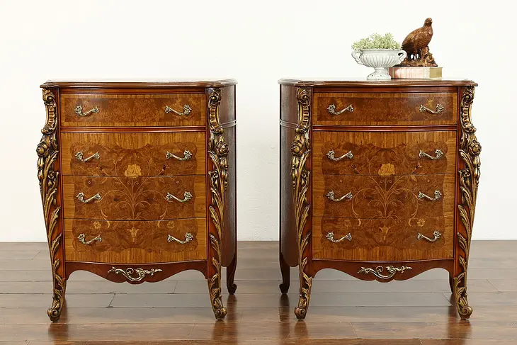 Pair of French Style Vintage Marquetry Nightstands, Chests or End Tables #39573