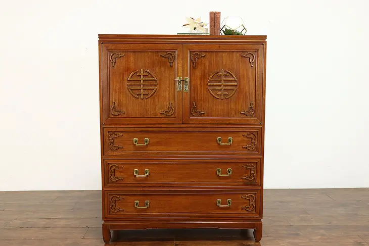 Chinese Vintage Carved Teak Chifferobe, Highboy or Tall Chest #39587
