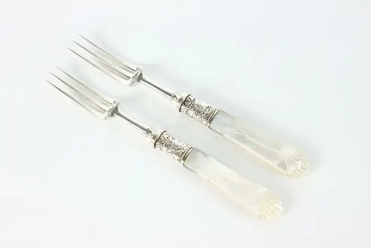 Victorian Antique 2 Silverplate Cocktail Serving Forks Pearl Handles #40010