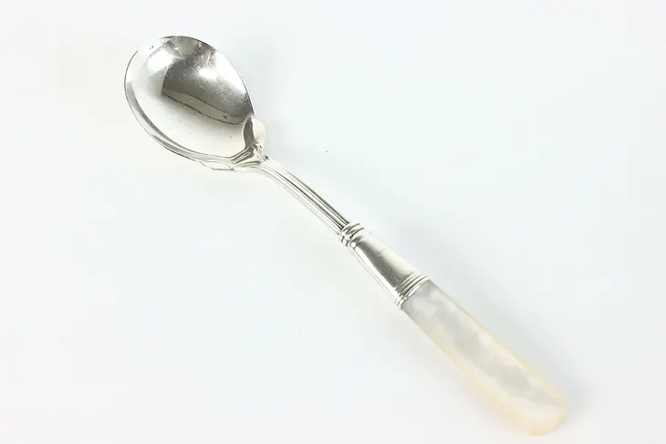 Victorian Antique Sterling Silver Sugar Sauce Baby Spoon Pearl Handle #40012