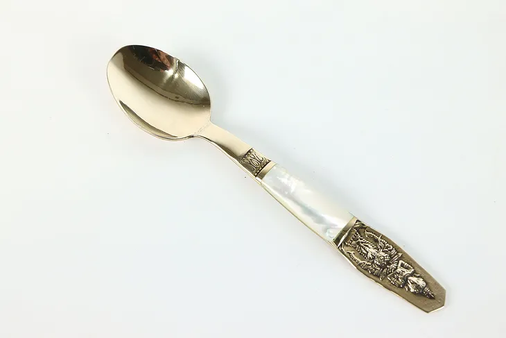 Brass Vintage Souvenir Spoon with Traditional Thai God and Pearl Handle #40022