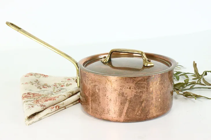 Farmhouse French Vintage Solid Copper Sauce Pan with Lid, Brass Handles #38099