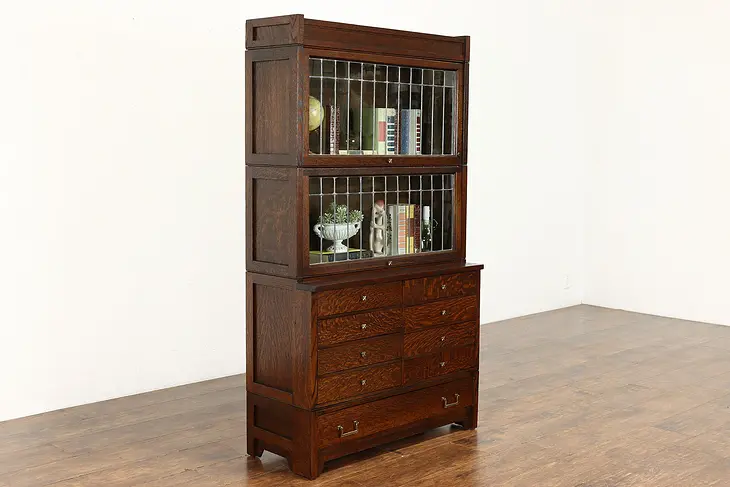 Arts & Crafts Oak 2 Stack Antique Leaded Glass Office Bookcase & File #38113
