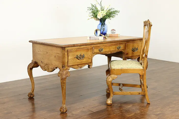 Georgian Farmhouse Style Vintage Pine Office Desk & Chair, Chapman #38180