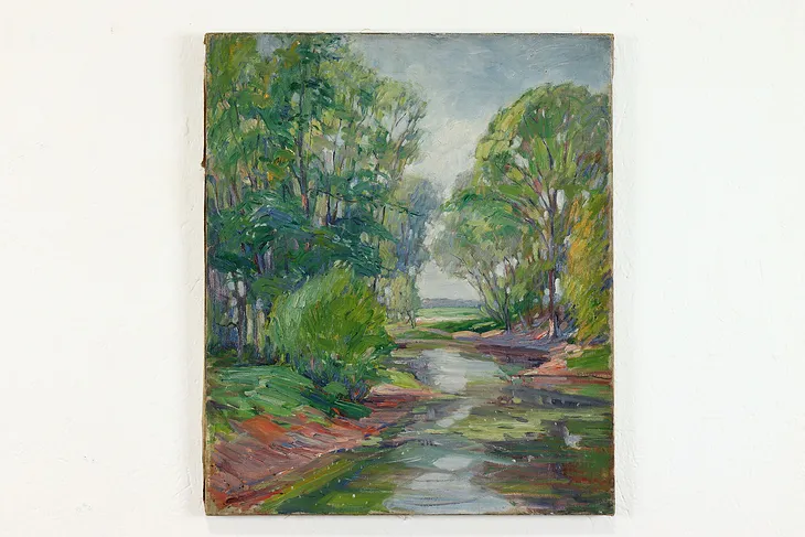 "Landscape with Creek" Vintage Original Oil Painting, Grumieaux 21" #38445