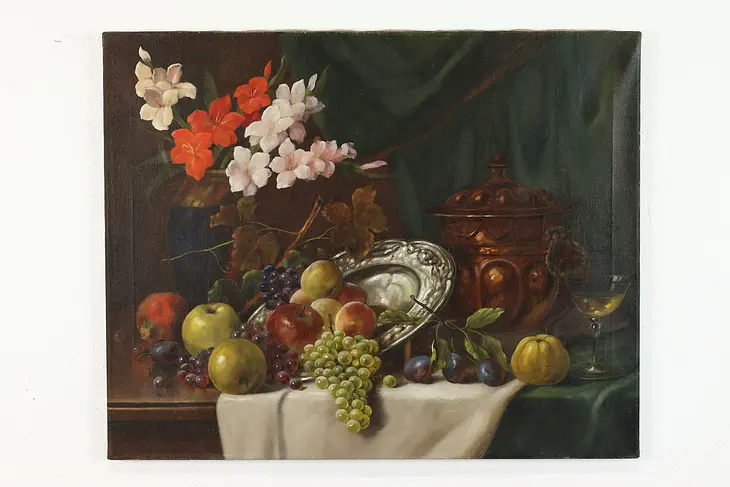 Still Life of Banquet Table with Fruit, Vintage Original Oil Painting 30" #38498