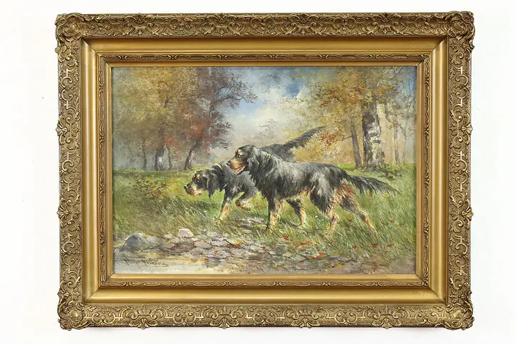 Gordon Setters Dogs Original Antique Watercolor Painting, Fisher 29.5" #38681