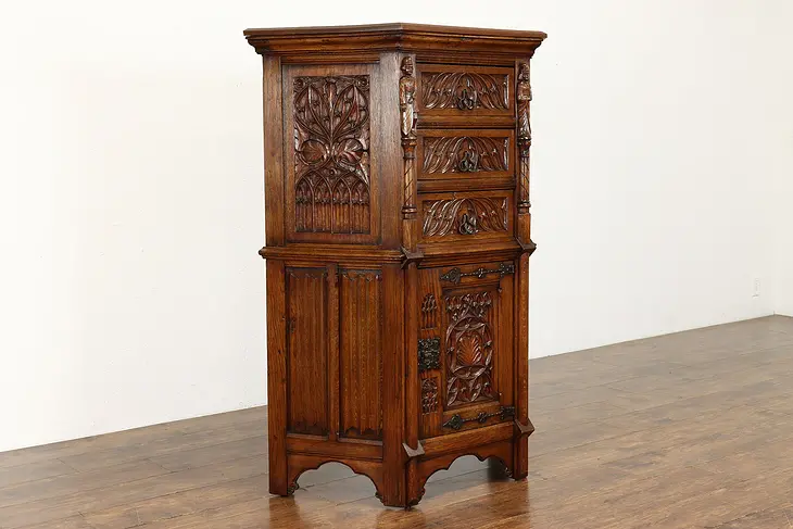 Gothic Carved Oak Antique European Cabinet, Hall Cupboard or Pantry #38687