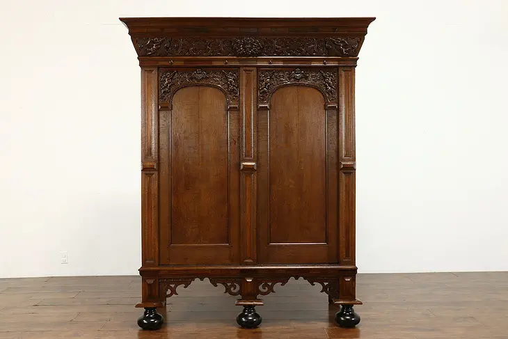 Dutch Traditional Antique 1670 Carved Oak Kas, Dowry Armoire or Cabinet #38722