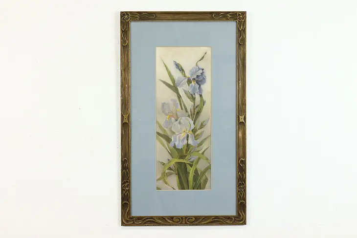 Iris Flowers Still Life Antique Original Pastel Painting 33" #38914
