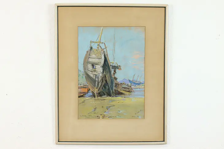 Catalina Island Shipwreck Vintage Original Pastel on Paper, R. W. P 22" #38917