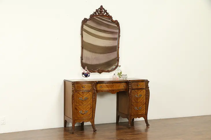 Satinwood Carved Vintage Desk Vanity, Dressing Table & Mirror #32121