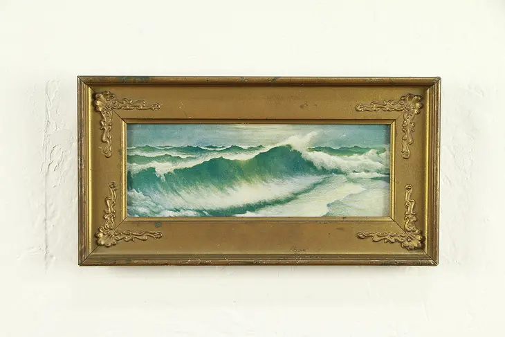 Victorian Antique 1900 Print of Crashing Waves, Original Frame #32192