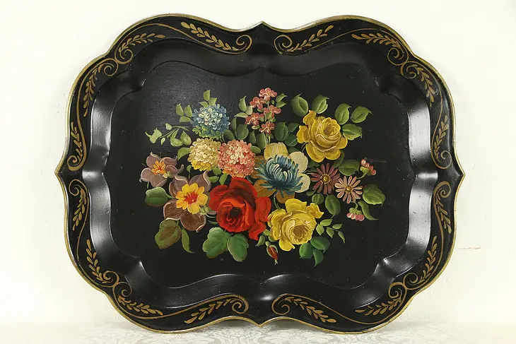 Victorian Antique 1860 Hand Painted Tin Toleware Tray #32292