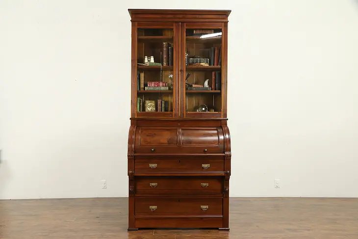 Victorian Eastlake Antique Cylinder Walnut Secretary Desk, Bookcase #32357