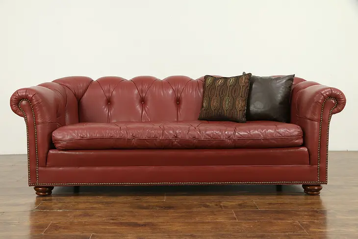 Chesterfield Vintage Tufted  Leather Sofa, Signed North Hickory #32419