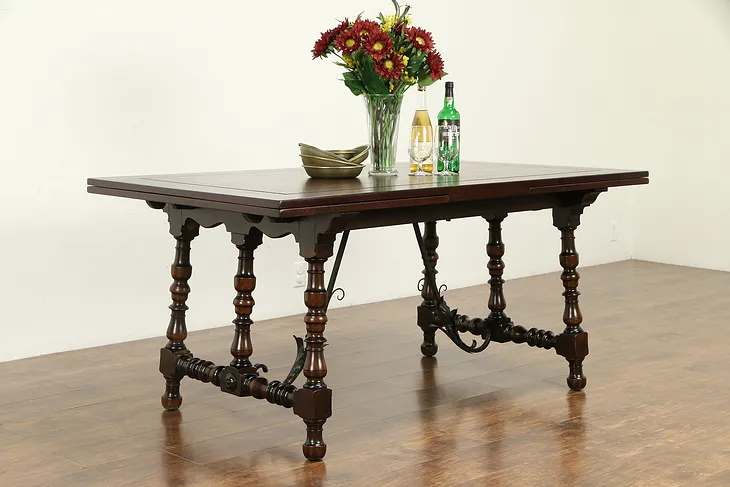Spanish Colonial Library or Dining Table, Walnut, Wrought Iron, Kittinger #32565